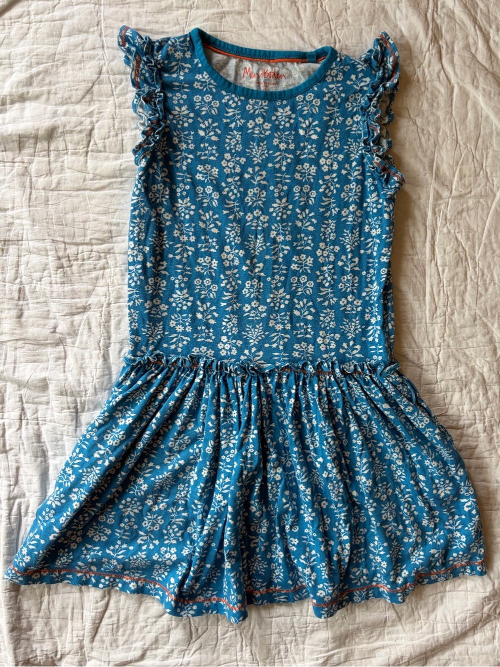 Mini Boden Teal Blue Floral Ruffle-Sleeve Dress